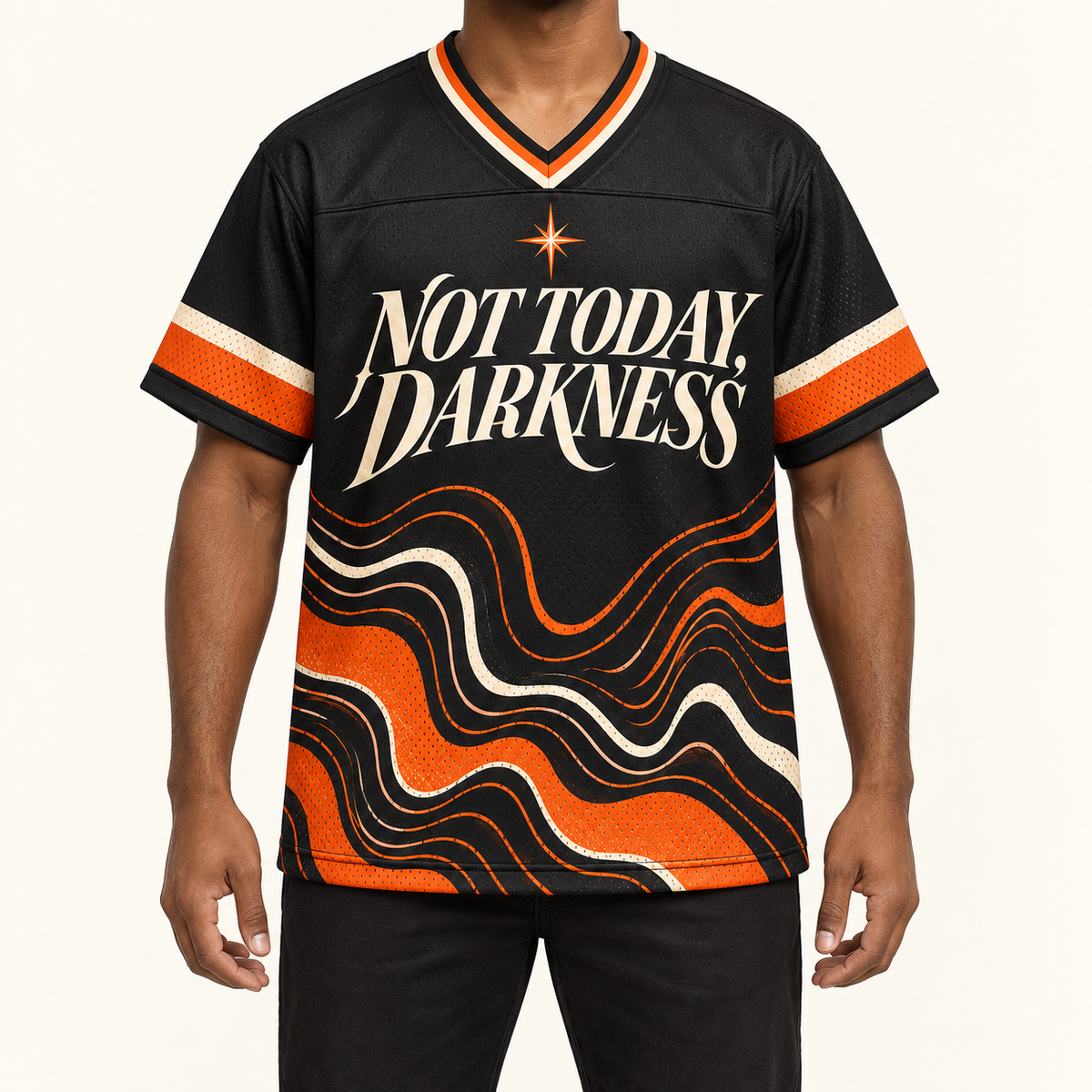 Not Today, Darkness — Waves Jersey — on-body — AI-generated styling visualization