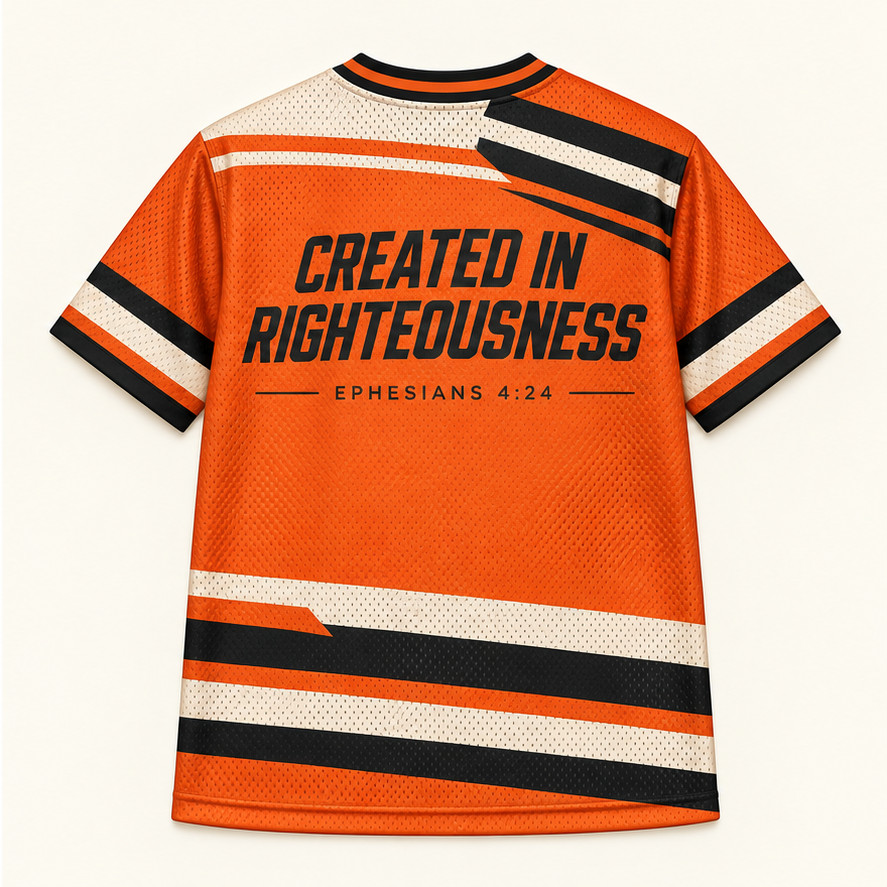 Put On the New Self — Orange Jersey — back — digital product visualization