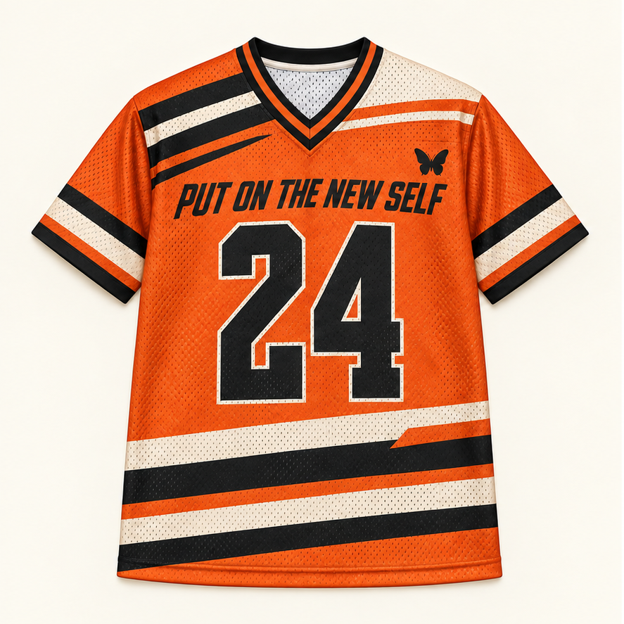 Put On the New Self — Orange Jersey — front — digital product visualization