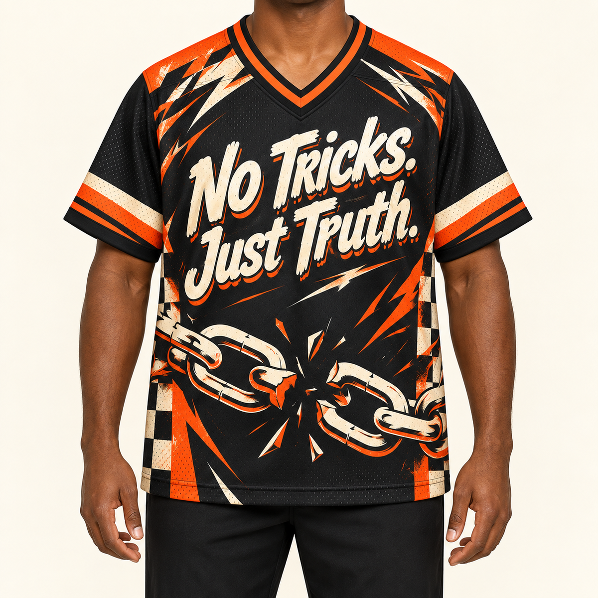 No Tricks, Just Truth — Skate Jersey — on-body — AI-generated styling visualization