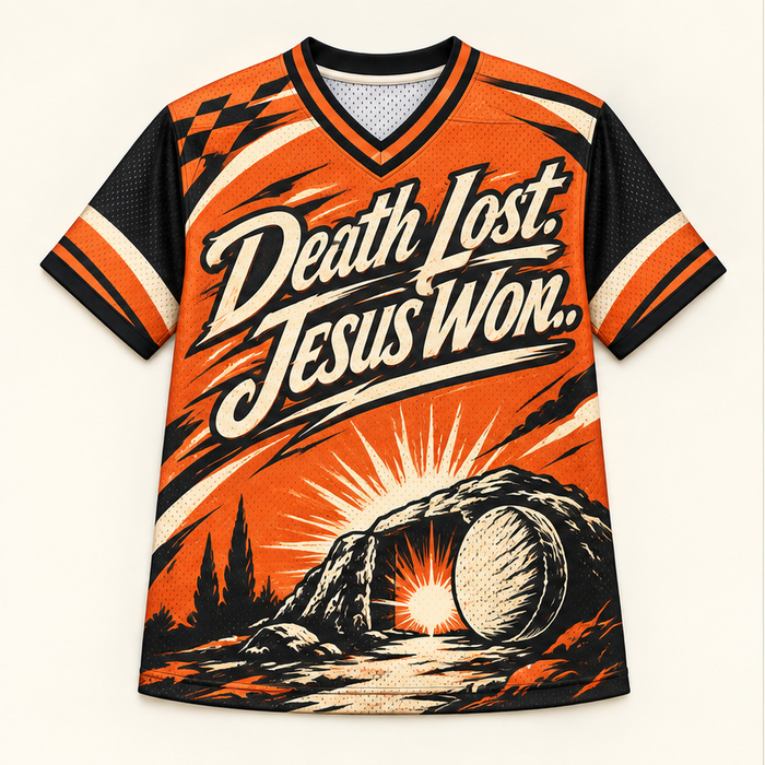 Death Lost, Jesus Won — Garage Jersey — front — digital product visualization