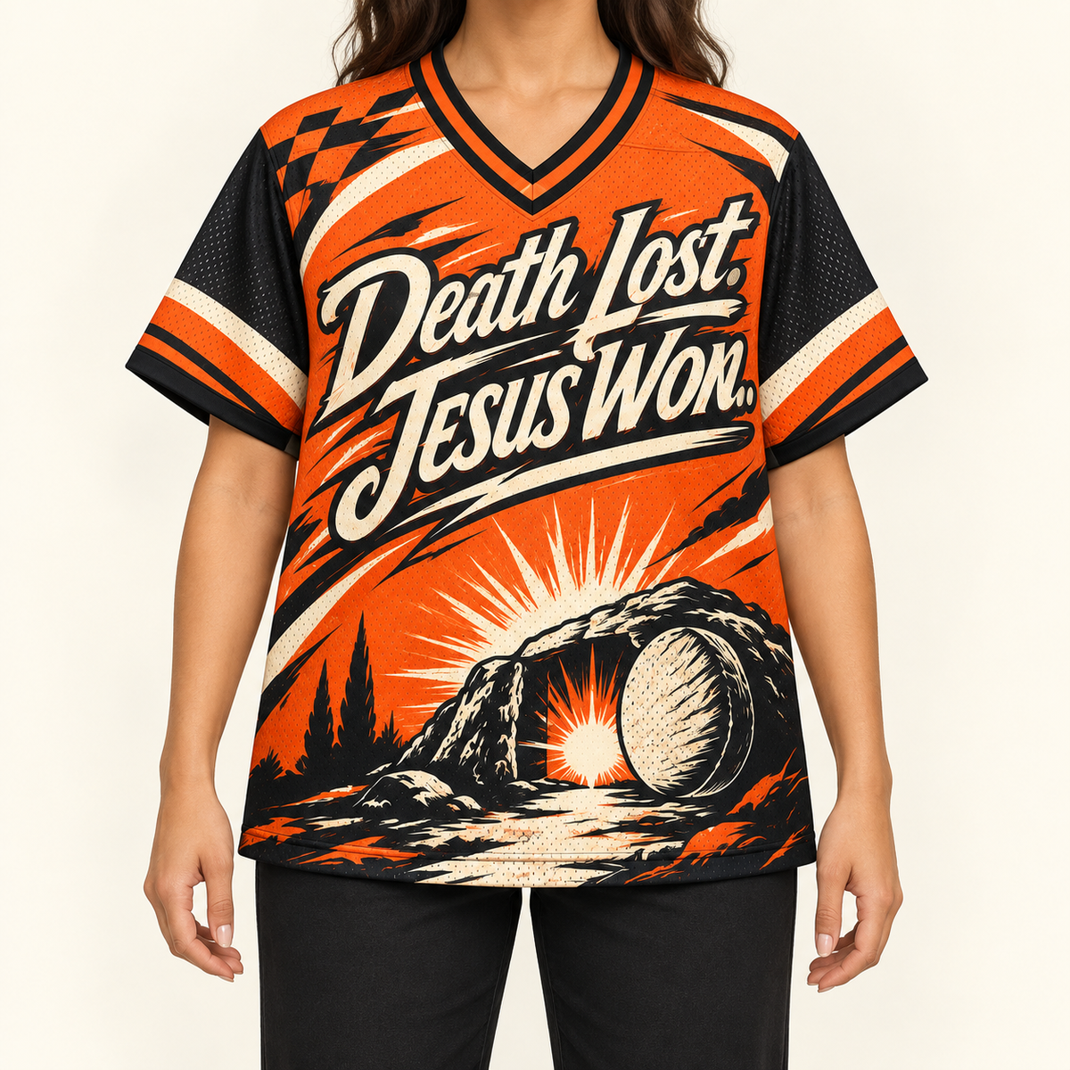 Death Lost, Jesus Won — Garage Jersey — on-body — AI-generated styling visualization