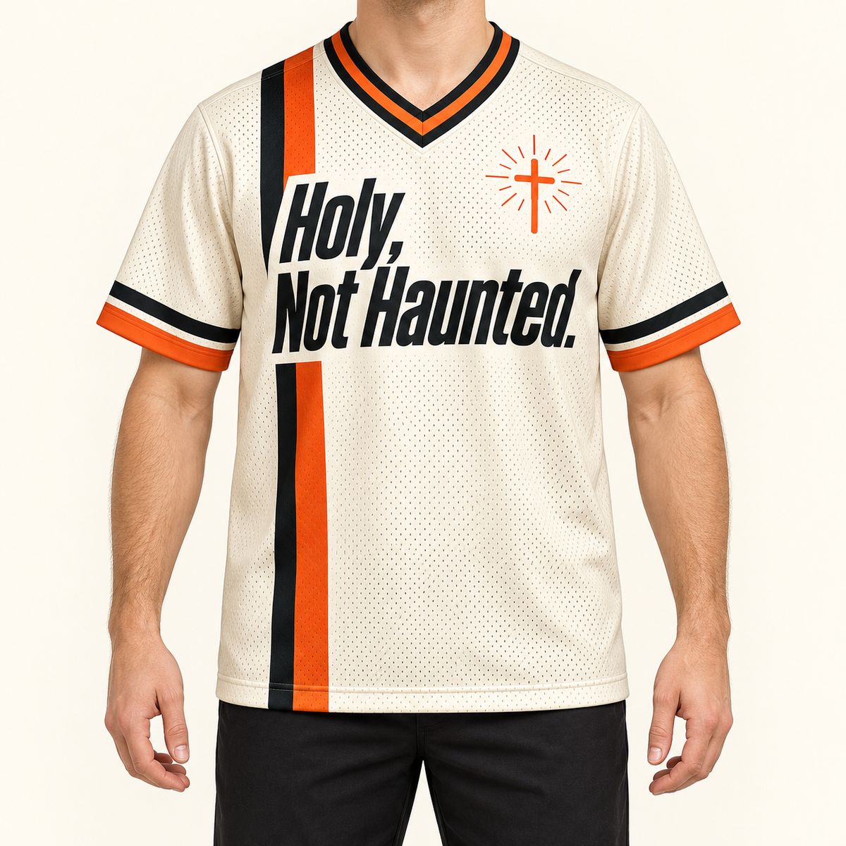 Holy, Not Haunted — Minimal Jersey — on-body — AI-generated styling visualization