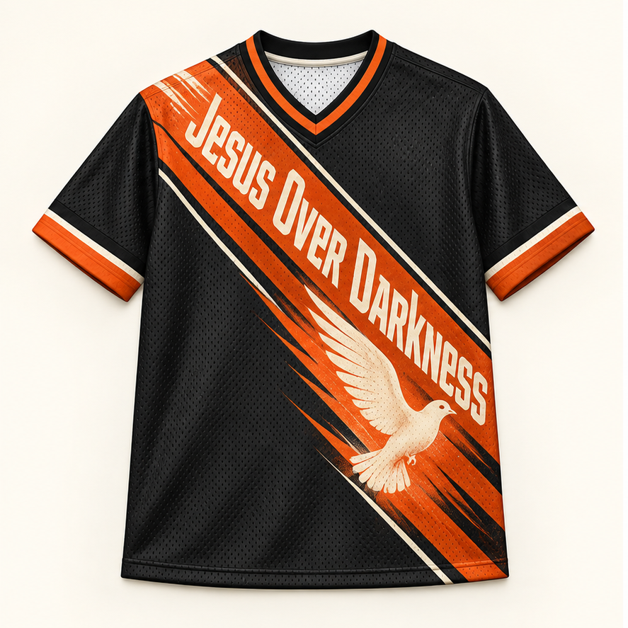 Jesus Over Darkness — Light Strike Jersey — front — digital product visualization