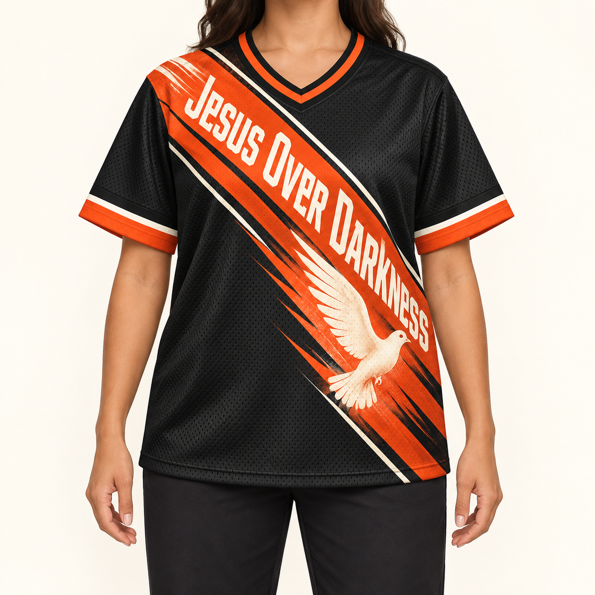 Jesus Over Darkness — Light Strike Jersey — on-body — AI-generated styling visualization