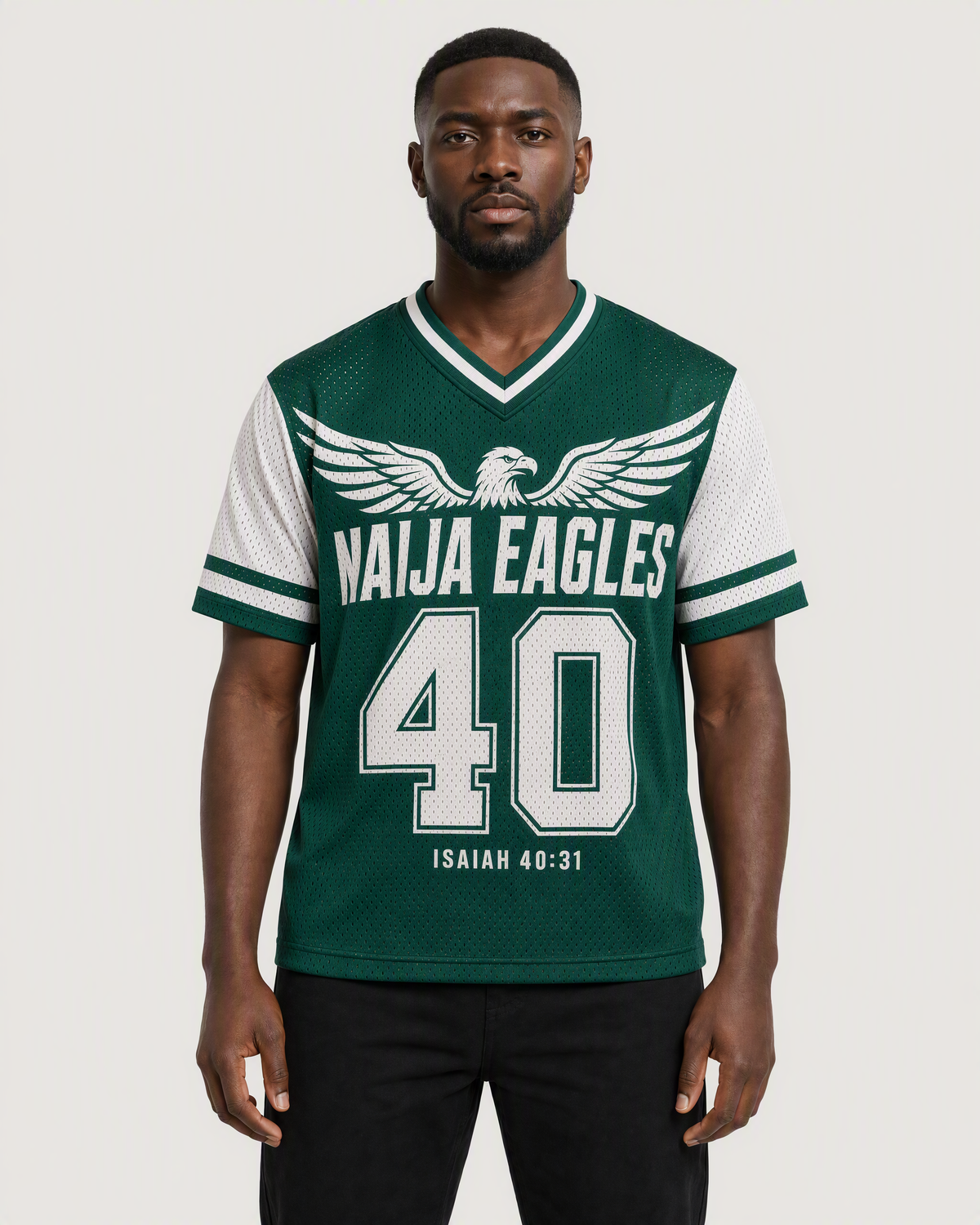 Naija Eagles 40 — Nigeria Faith Jersey — on-body front — AI-generated styling visualization