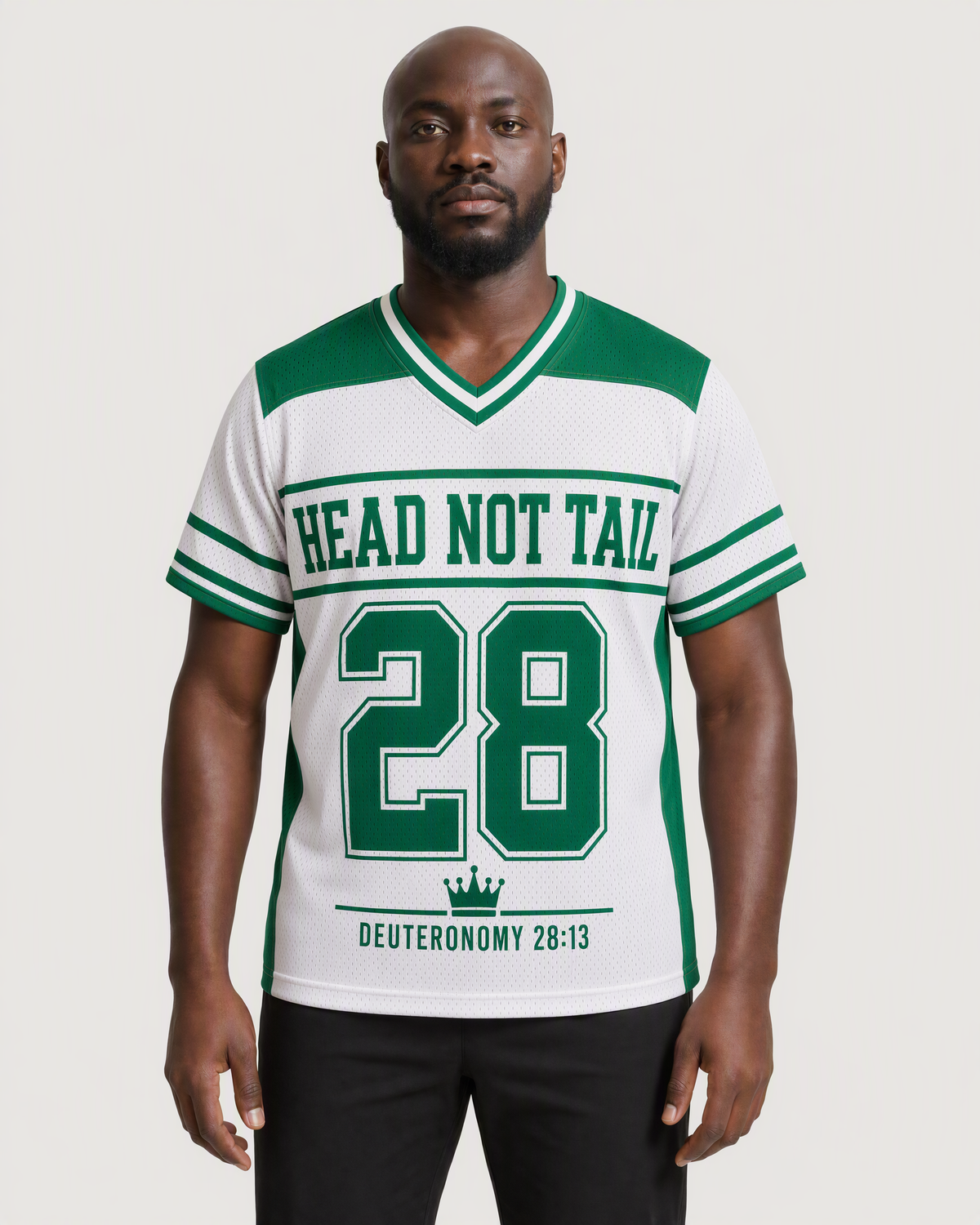 Head Not Tail 28 — Nigeria Faith Jersey — on-body front — AI-generated styling visualization