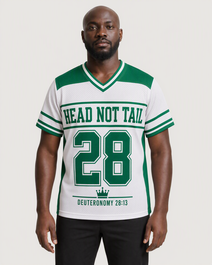 Head Not Tail 28 — Nigeria Faith Jersey — on-body front — AI-generated styling visualization