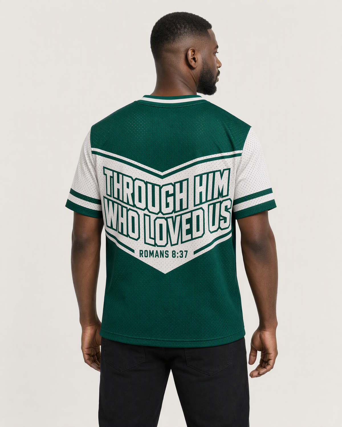 More Than Conquerors 37 — Nigeria Faith Jersey — on-body back — AI-generated styling visualization