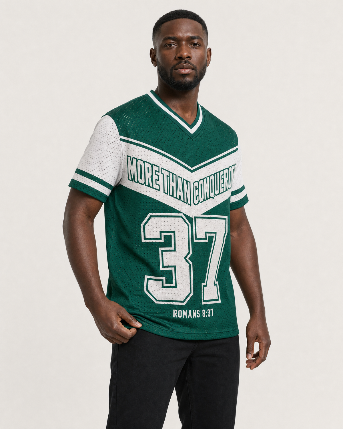 More Than Conquerors 37 — Nigeria Faith Jersey — on-body three-quarter — AI-generated styling visualization