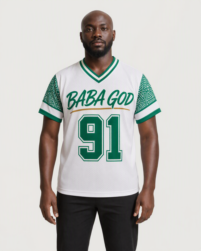 Baba God 91 — Nigeria Faith Jersey — on-body front — AI-generated styling visualization