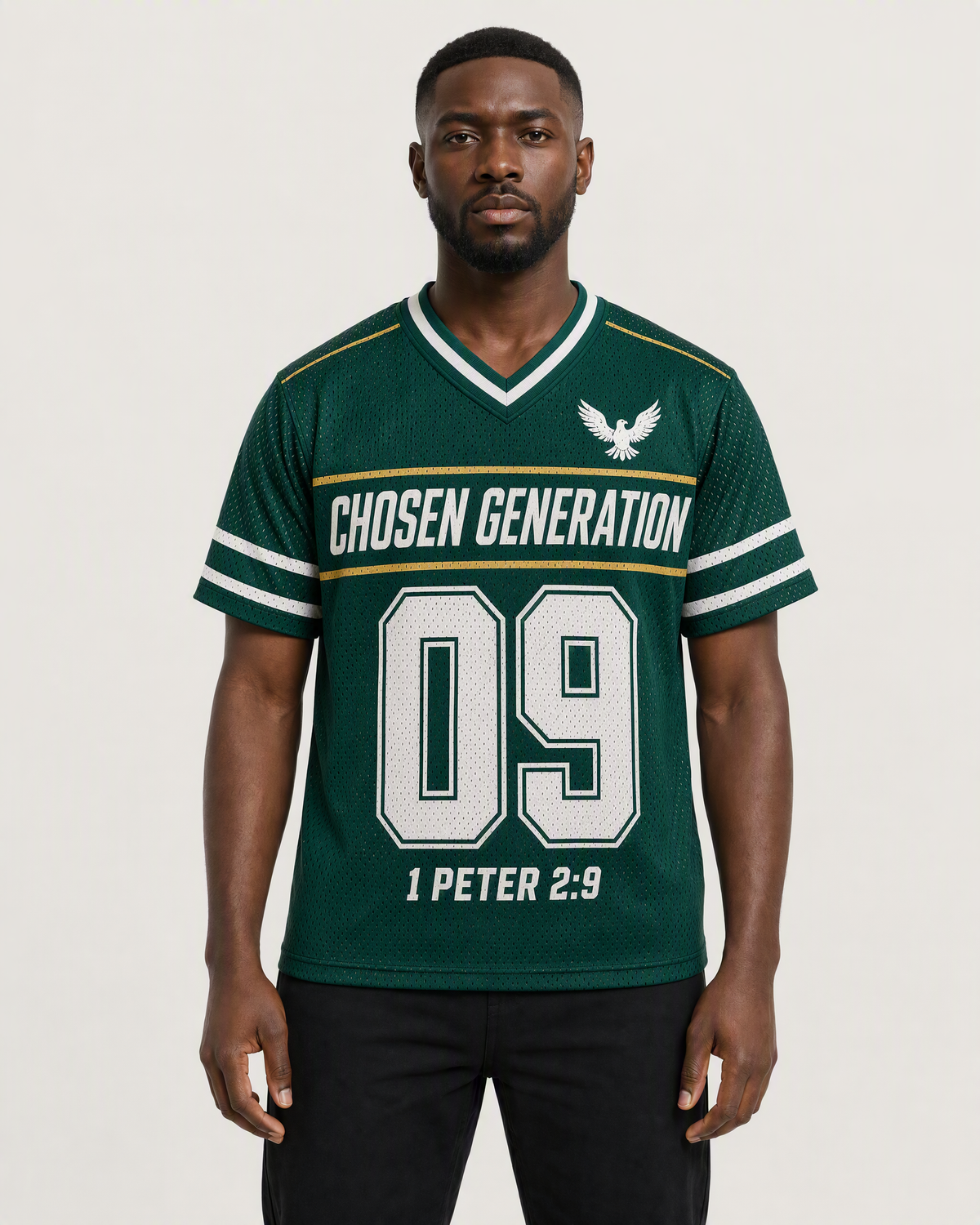 Chosen Generation 09 — Nigeria Faith Jersey — on-body front — AI-generated styling visualization
