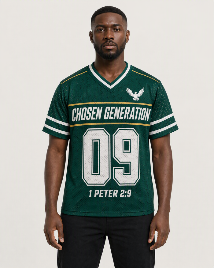 Chosen Generation 09 — Nigeria Faith Jersey — on-body front — AI-generated styling visualization