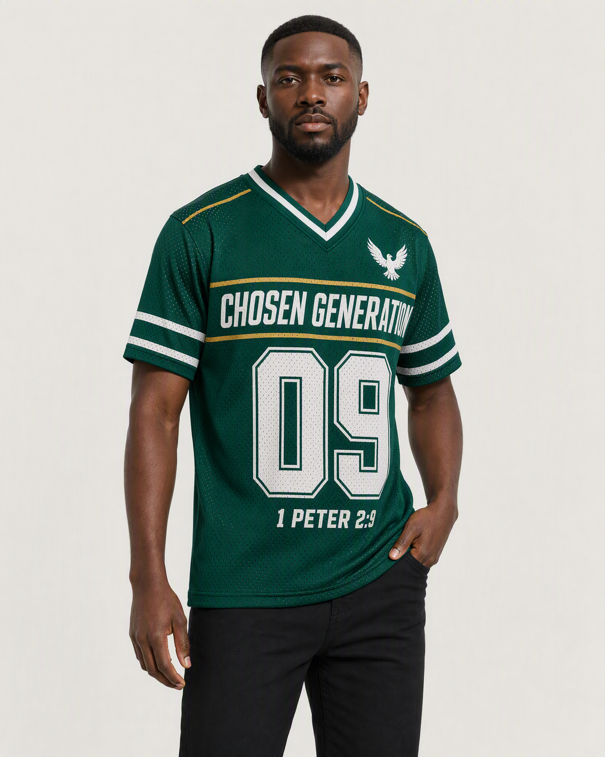 Chosen Generation 09 — Nigeria Faith Jersey — on-body three-quarter — AI-generated styling visualization
