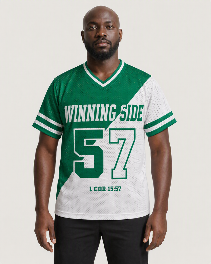 Winning Side 57 — Nigeria Faith Jersey — on-body front — AI-generated styling visualization