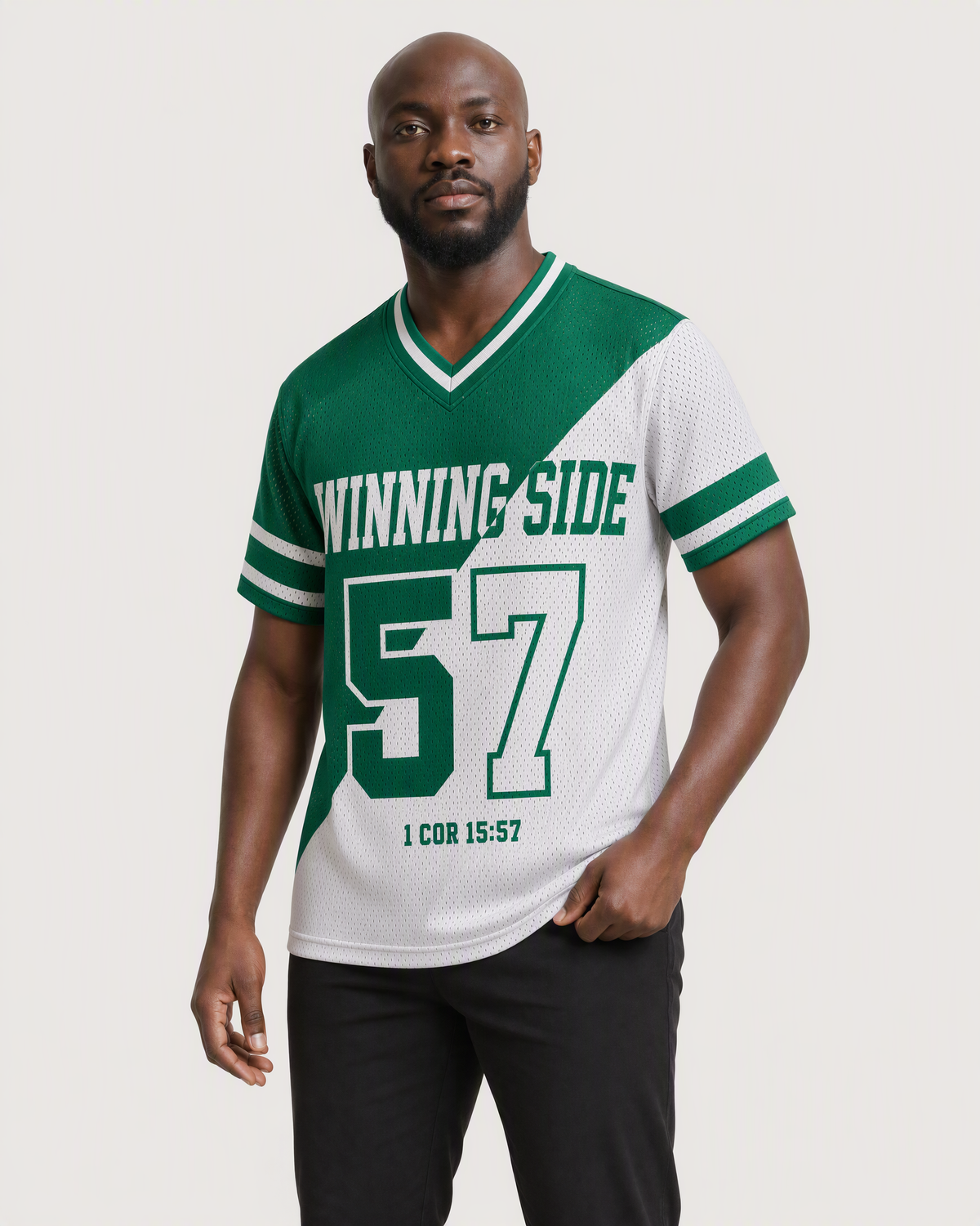 Winning Side 57 — Nigeria Faith Jersey — on-body three-quarter — AI-generated styling visualization