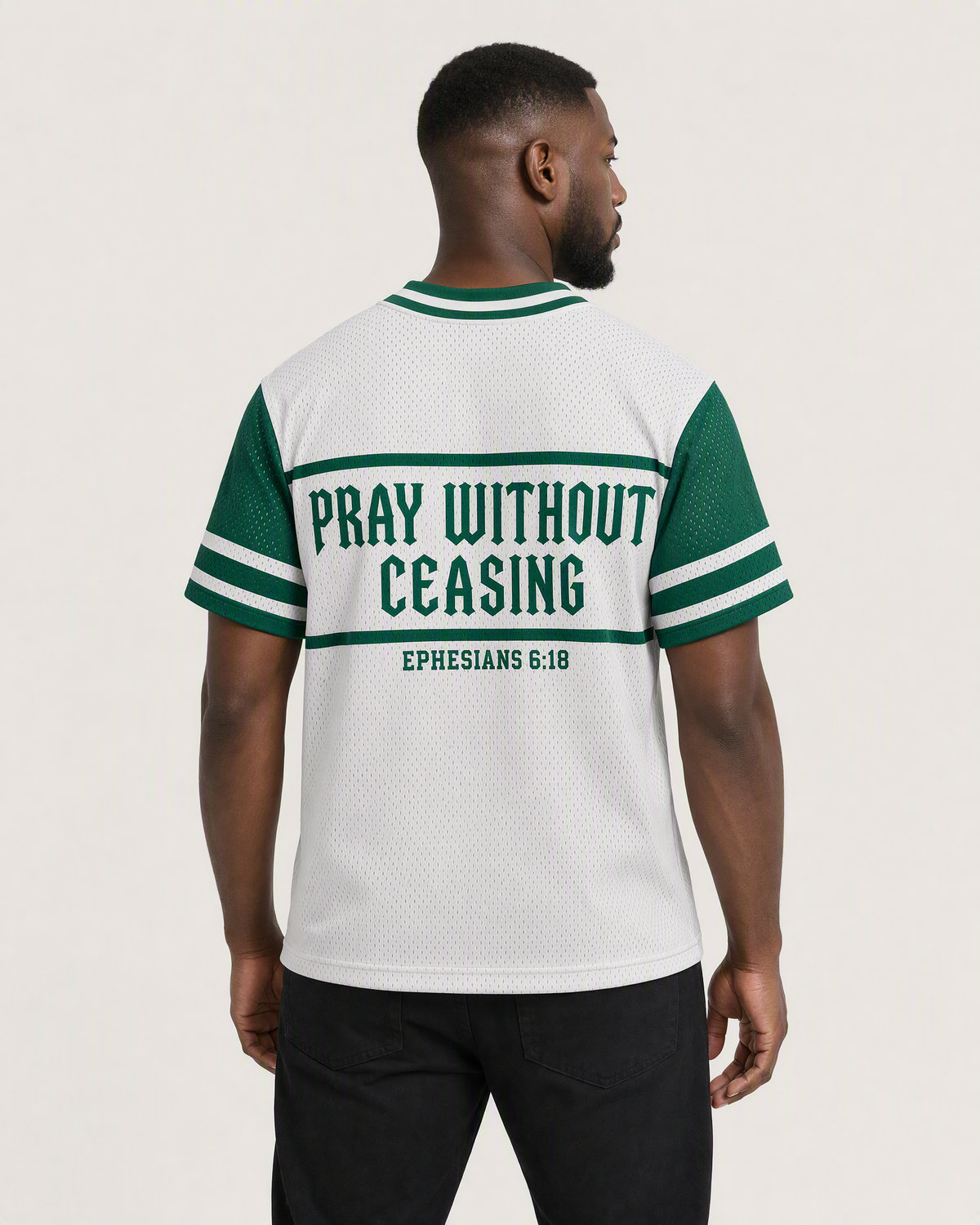 Prayer Warrior 18 — Nigeria Faith Jersey — on-body back — AI-generated styling visualization