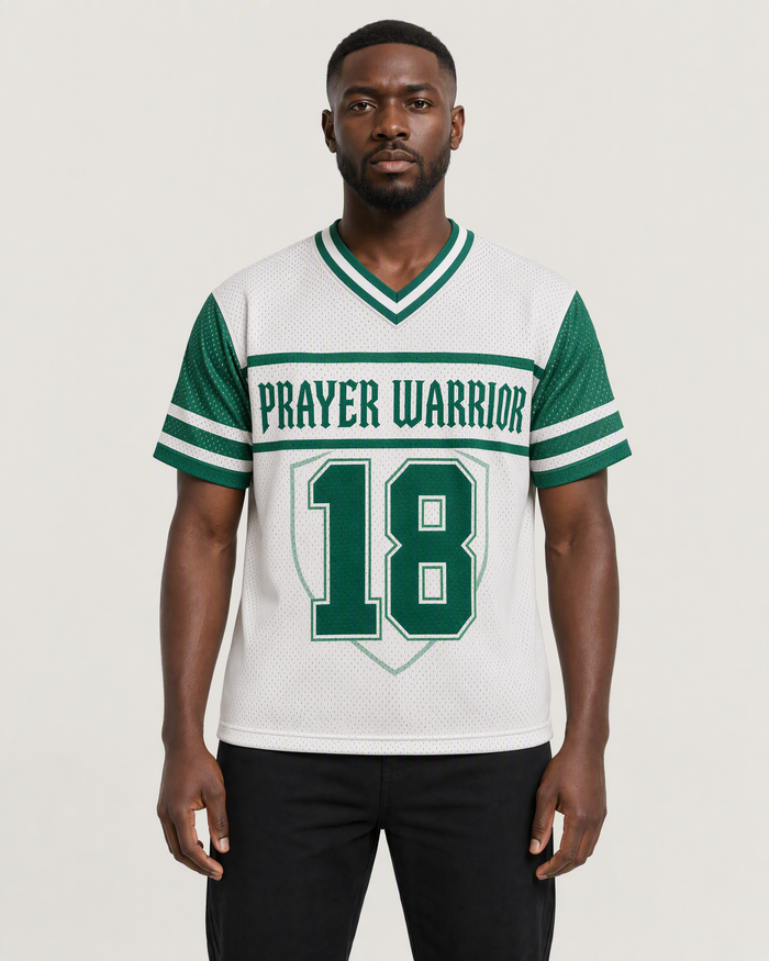 Prayer Warrior 18 — Nigeria Faith Jersey — on-body front — AI-generated styling visualization