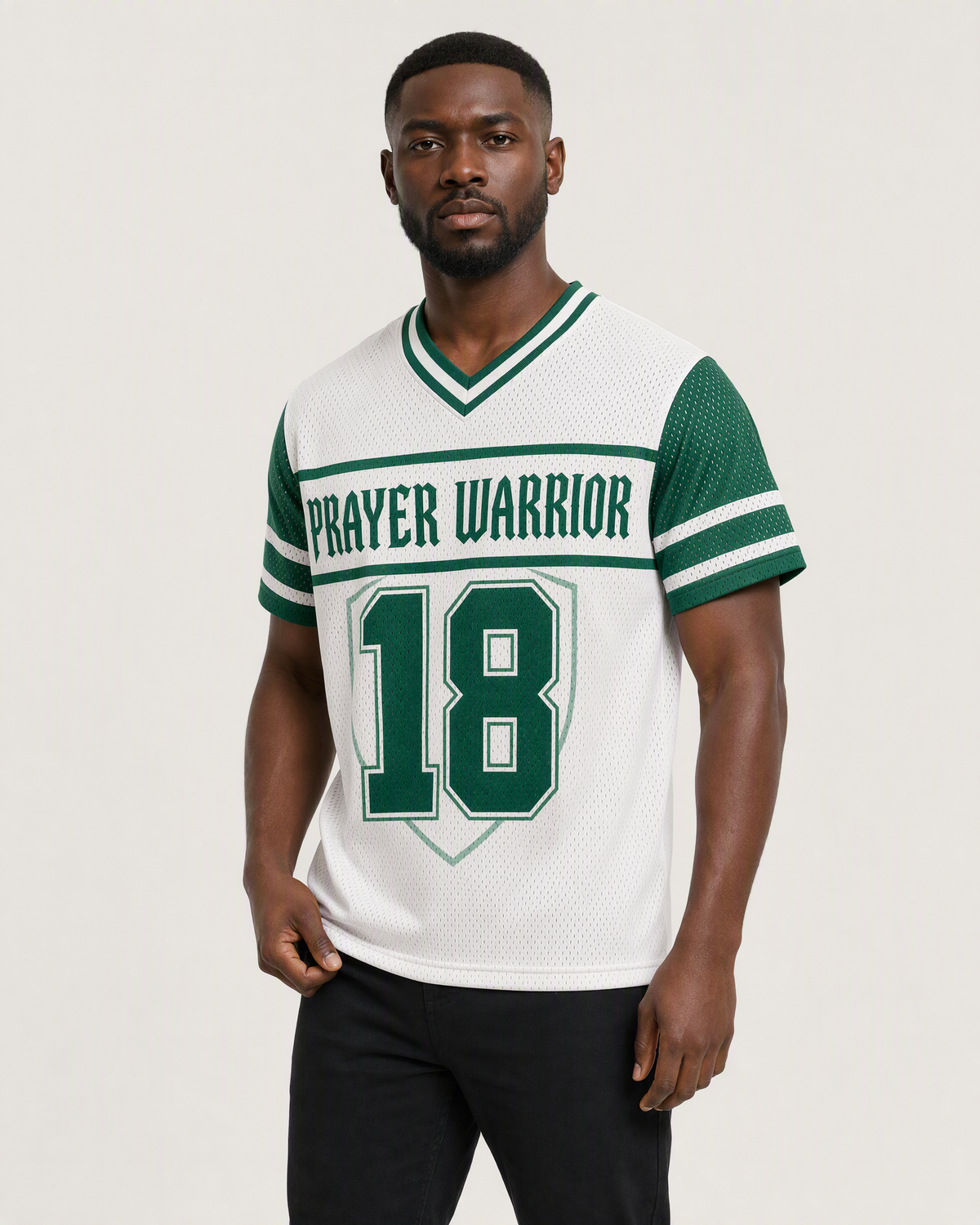 Prayer Warrior 18 — Nigeria Faith Jersey — on-body three-quarter — AI-generated styling visualization
