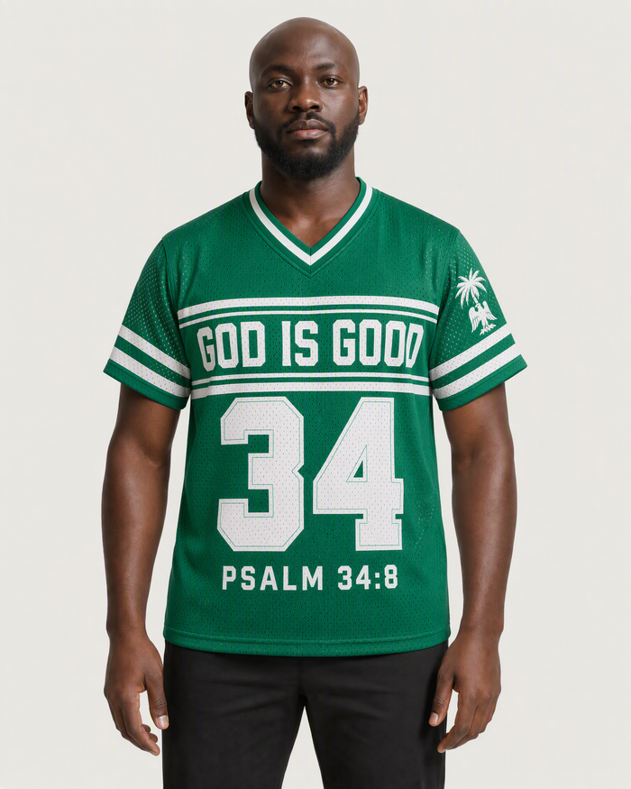 God Is Good 34 — Nigeria Faith Jersey — on-body front — AI-generated styling visualization
