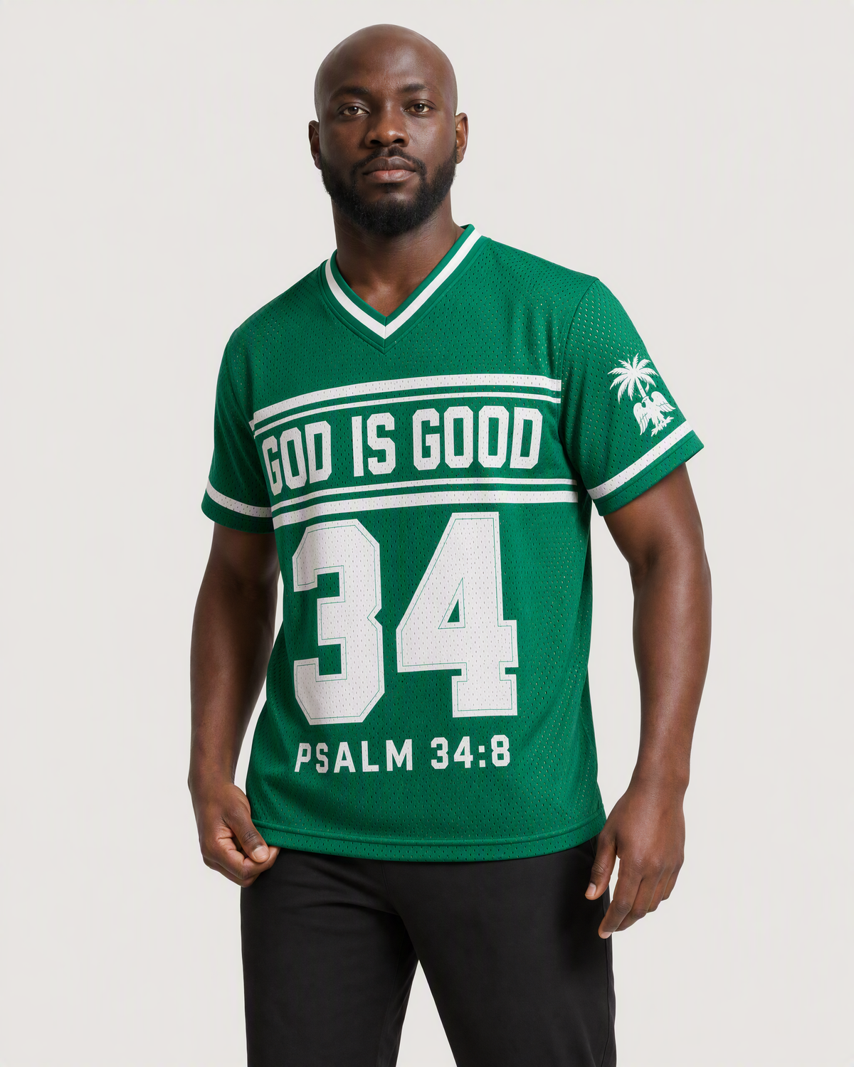 God Is Good 34 — Nigeria Faith Jersey — on-body three-quarter — AI-generated styling visualization