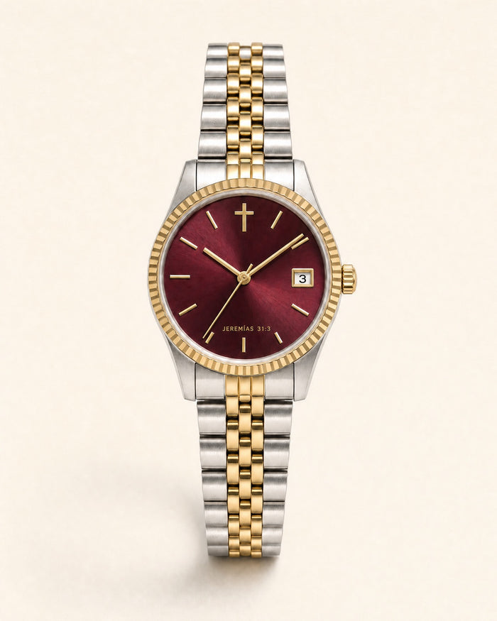 Amor Eterno watch, deep burgundy sunray dial with gold indices