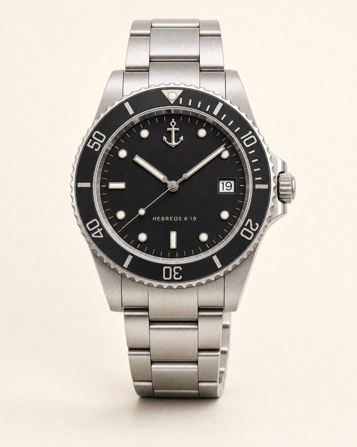 Ancla watch, matte black dial with round and baton luminous markers