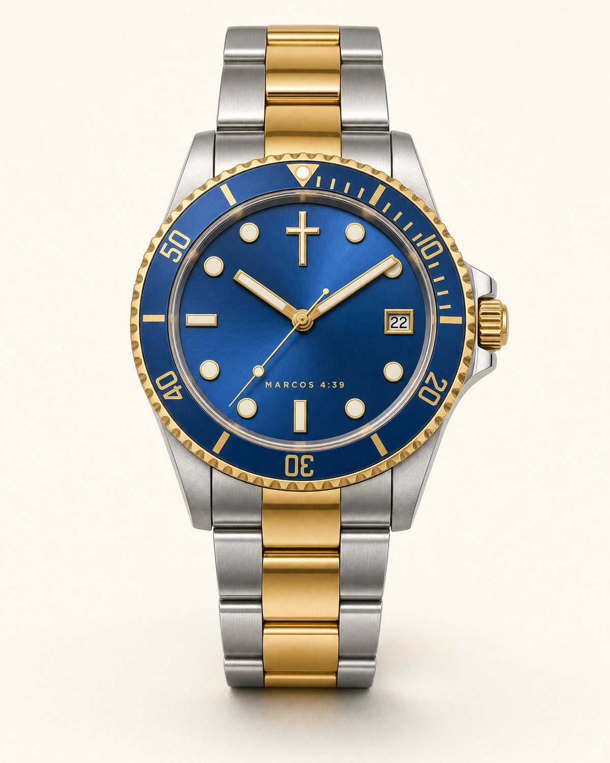 Bonanza watch, bright blue sunray dial with gold-rimmed luminous markers