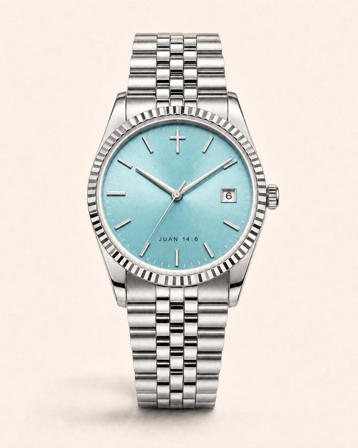 Reloj Camino, carátula azul turquesa con efecto rayos de sol