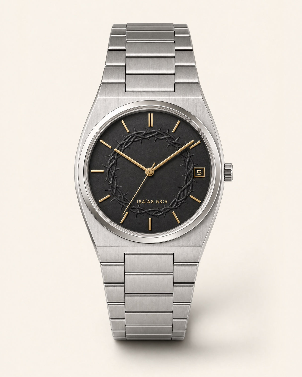 Corona watch, matte black dial with an embossed crown-of-thorns ring around the center