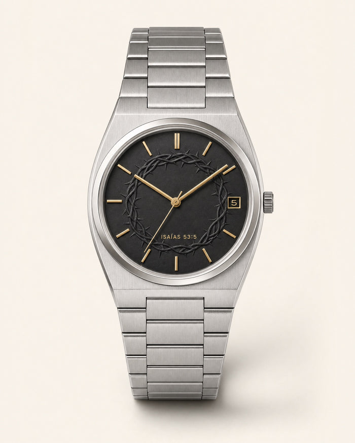 Reloj Corona, carátula negro mate con un aro de corona de espinas en relieve alrededor del centro