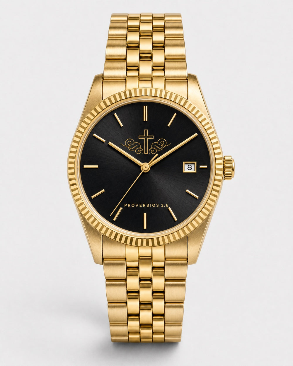 Dios por Delante watch, jet black sunray dial with gold indices