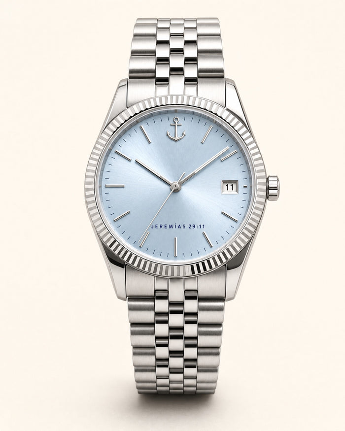 Reloj Esperanza, carátula azul hielo pálido con efecto rayos de sol