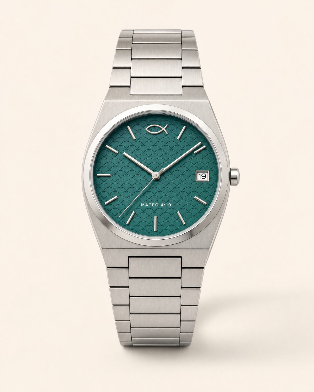Ichthys watch, teal green dial with an embossed fish-scale pattern