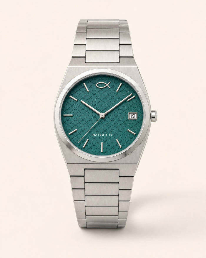 Reloj Ichthys, carátula verde azulado con patrón de escamas en relieve