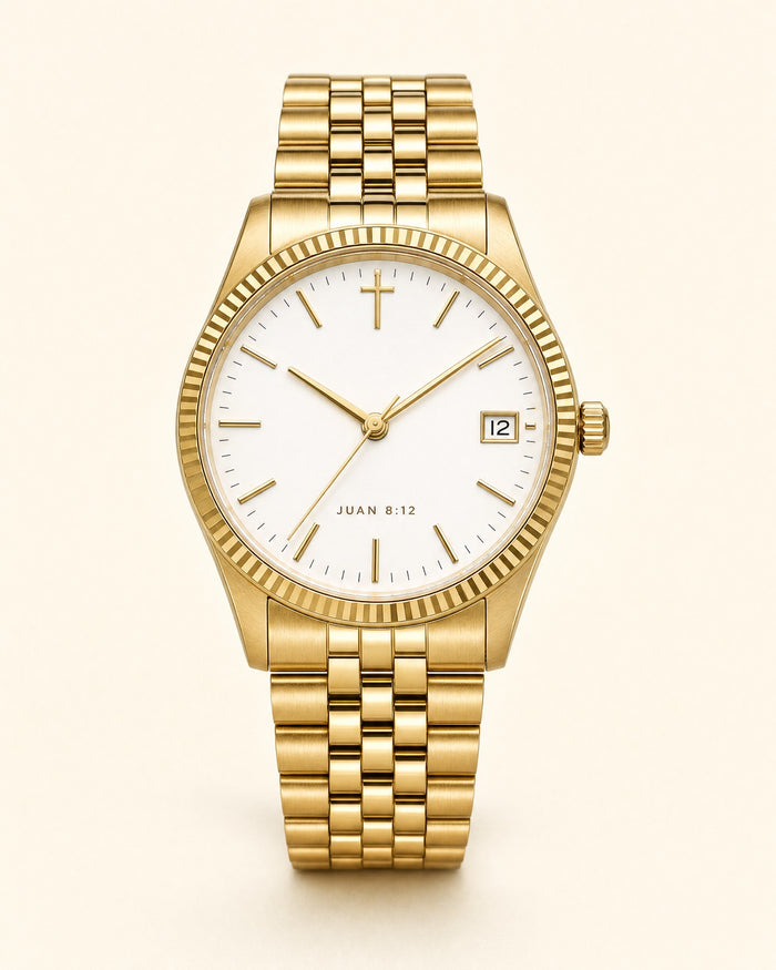 Reloj Luz del Mundo, carátula de laca blanca brillante con índices dorados