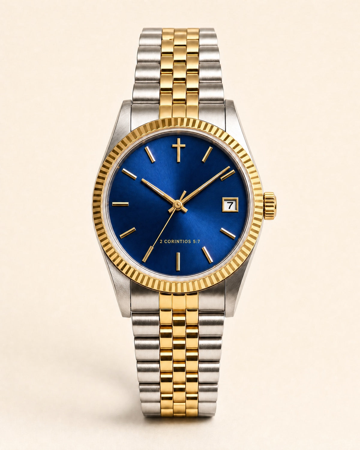 Por Fe watch, royal blue sunray dial with gold indices