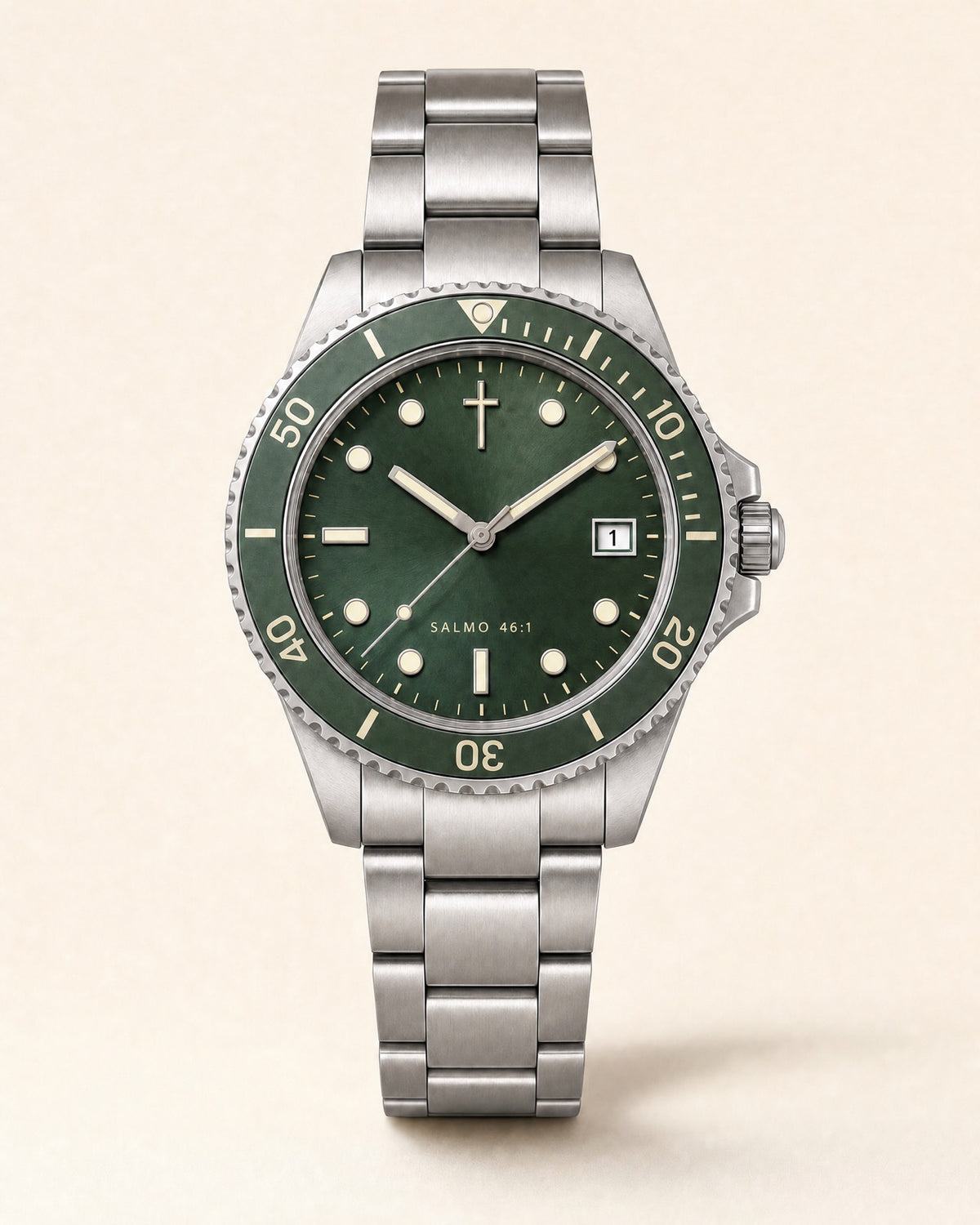 Refugio watch, forest green sunray dial with round and baton luminous markers