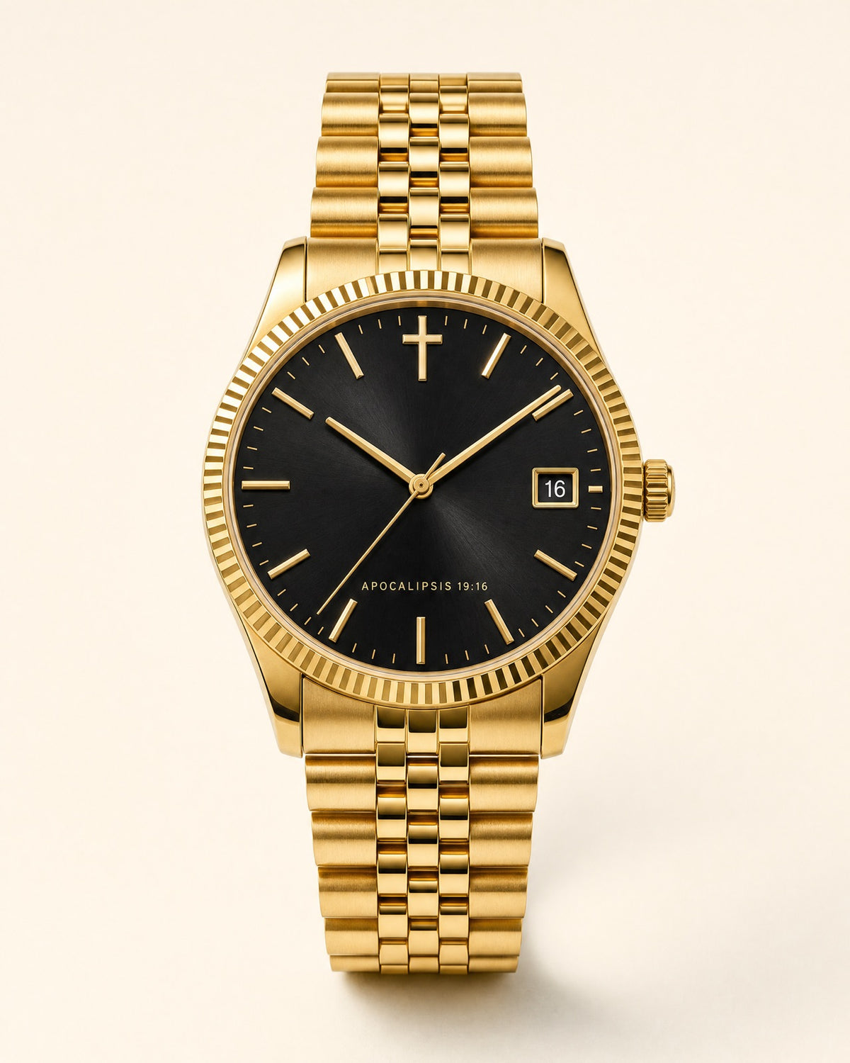 Rey de Reyes watch, jet black sunray dial with gold indices