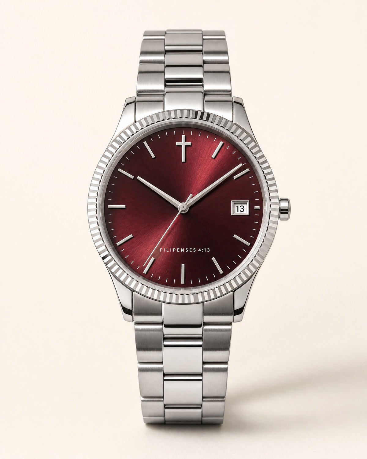 Todo lo Puedo watch, deep burgundy red sunray dial