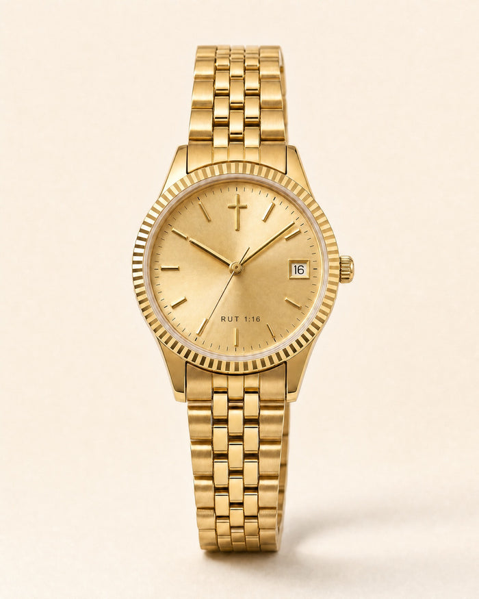 Tu Dios, Mi Dios watch, champagne gold sunray dial