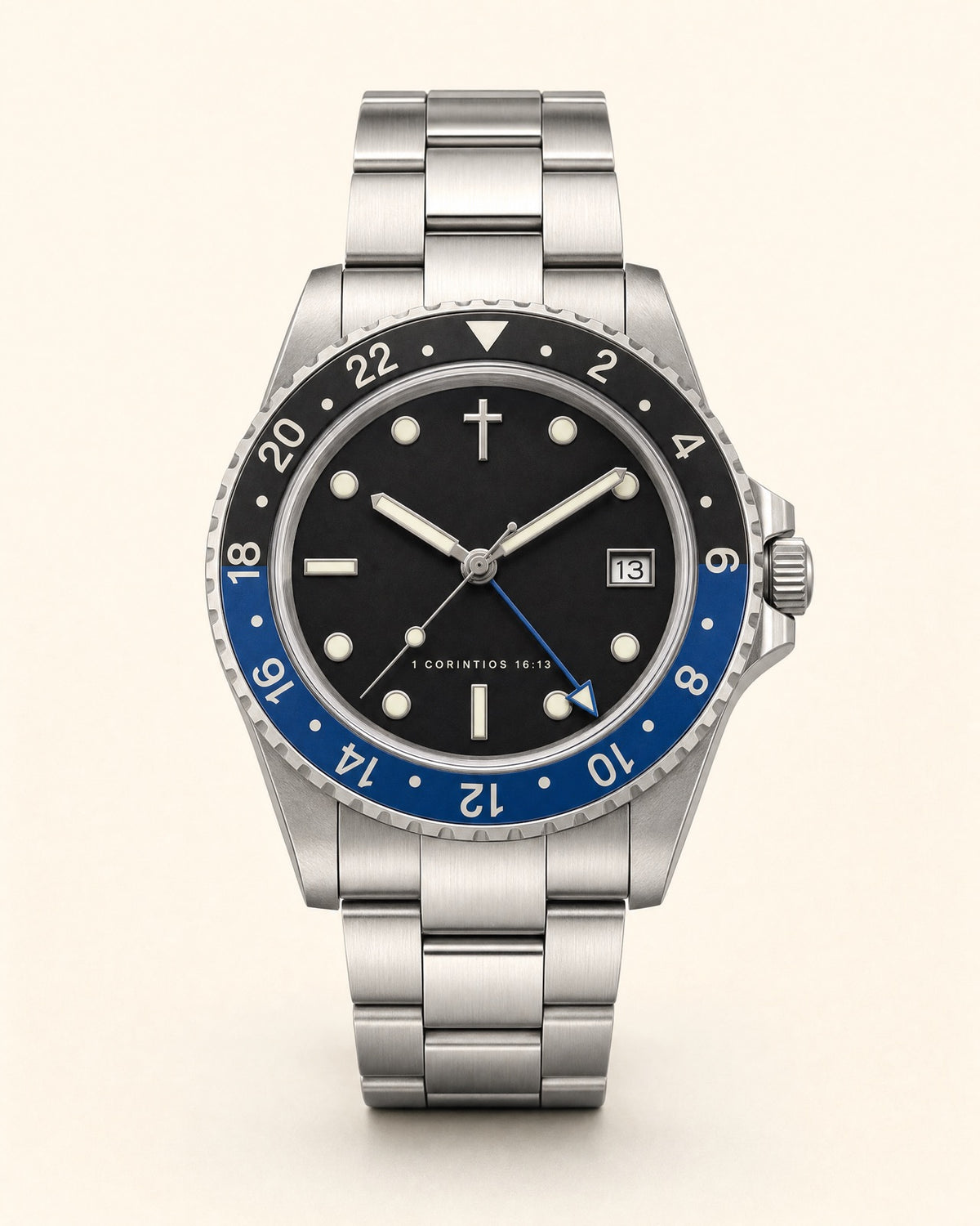 Velad watch, black dial with luminous markers and a blue arrow-tipped fourth hand