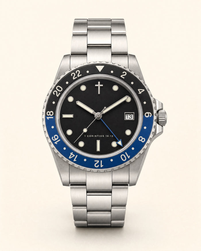 Velad watch, black dial with luminous markers and a blue arrow-tipped fourth hand