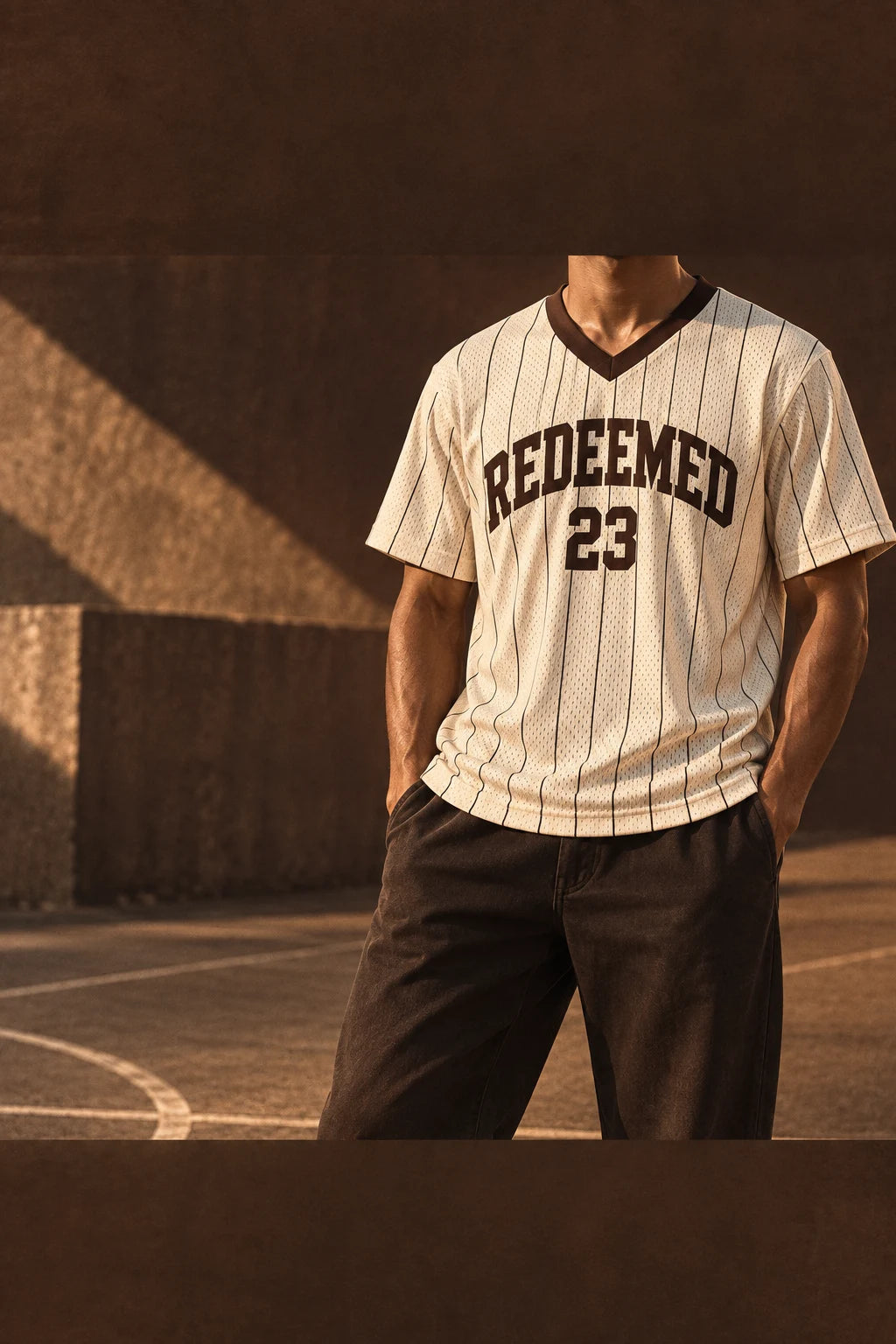 Spirit Led campaign: cream Redeemed jersey against a warm brown sports-court backdrop, AI concept