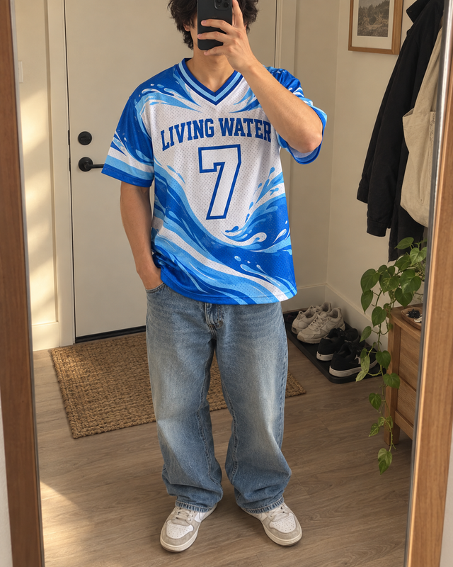 AI styling inspiration: Living Water jersey with relaxed jeans in a home mirror