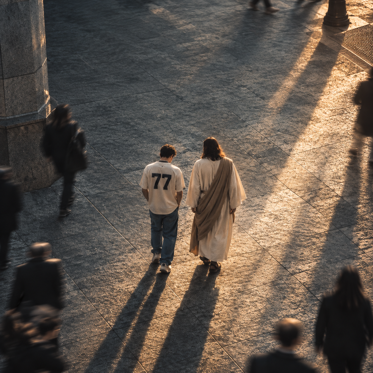 A young man in a jersey walking beside Jesus — Spirit Led Club campaign illustration